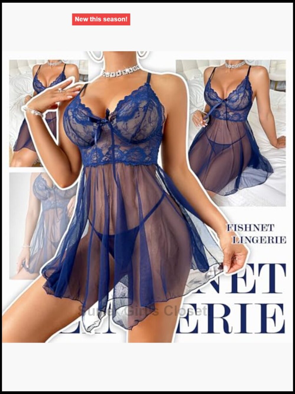 Lace Babydoll Dress Pajama Set with Thong Deep V Neck - Picture 5 of 7